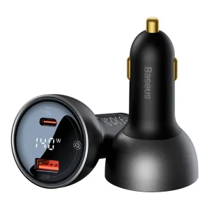 Baseus Digital Display Pd3.1 Dual Fast Charger Car Charger U C 140W Set Obsidian Black With C To C 240W 1M Black-Cgzx070001 Bend Resistant Cable