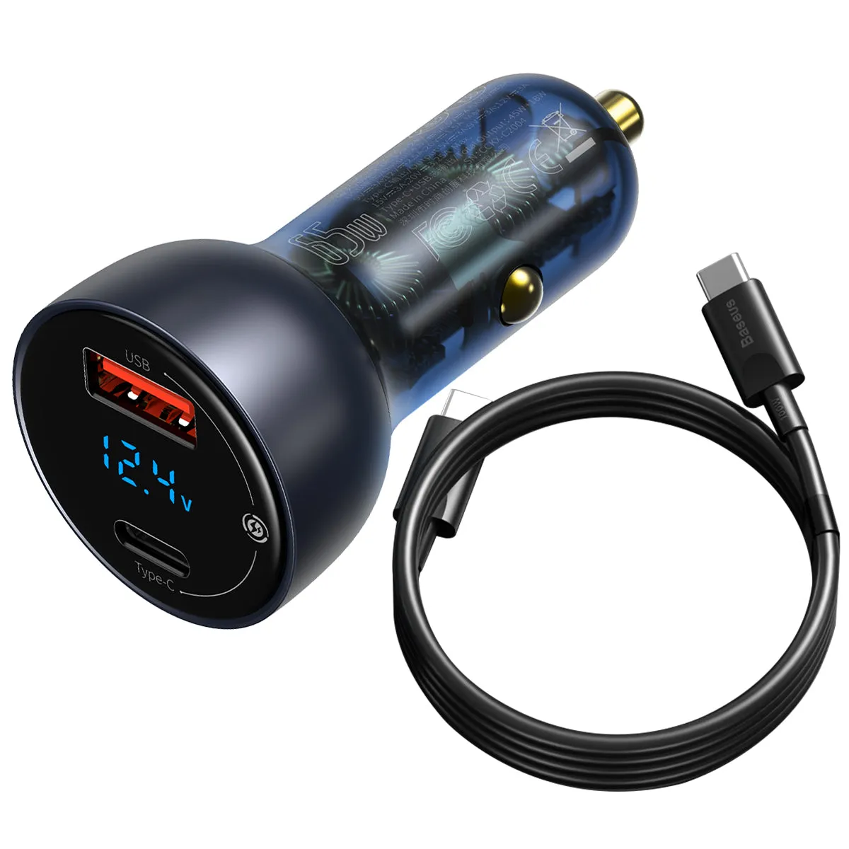 High Speed Charging Baseus Usb / Usb Type C Car Charger 65 W 5 A Scp Quick Charge 4.0  Power Delivery 3.0 Lcd Screen   Usb Type C - Usb Type C Cable Grey (Tzcckx-0G)