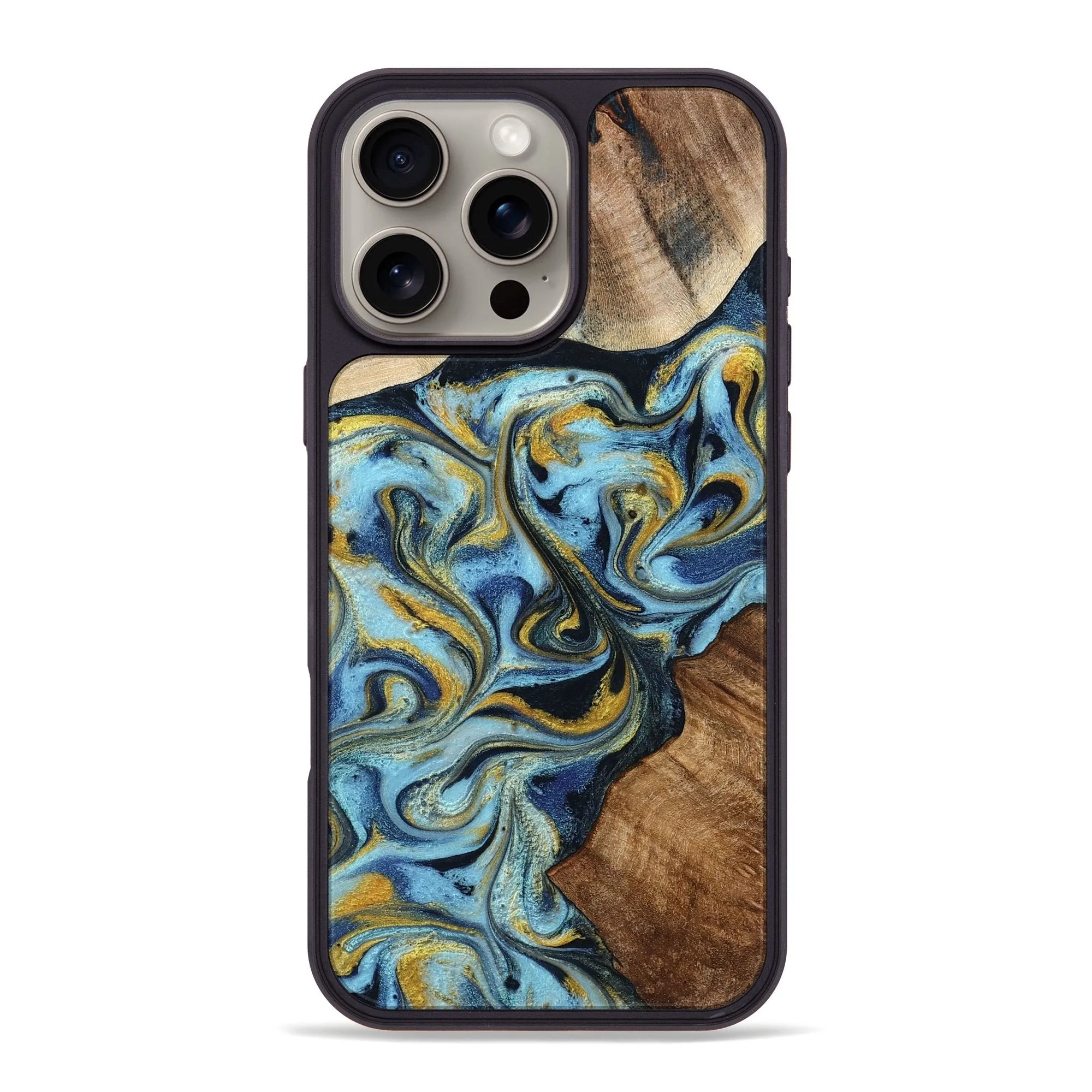 Iphone 16 Pro Max Wood Phone Case - Aliza (Teal & Gold, 777522) Shatterproof Glass
