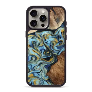 Iphone 16 Pro Max Wood Phone Case - Aliza (Teal & Gold, 777522) Shatterproof Glass