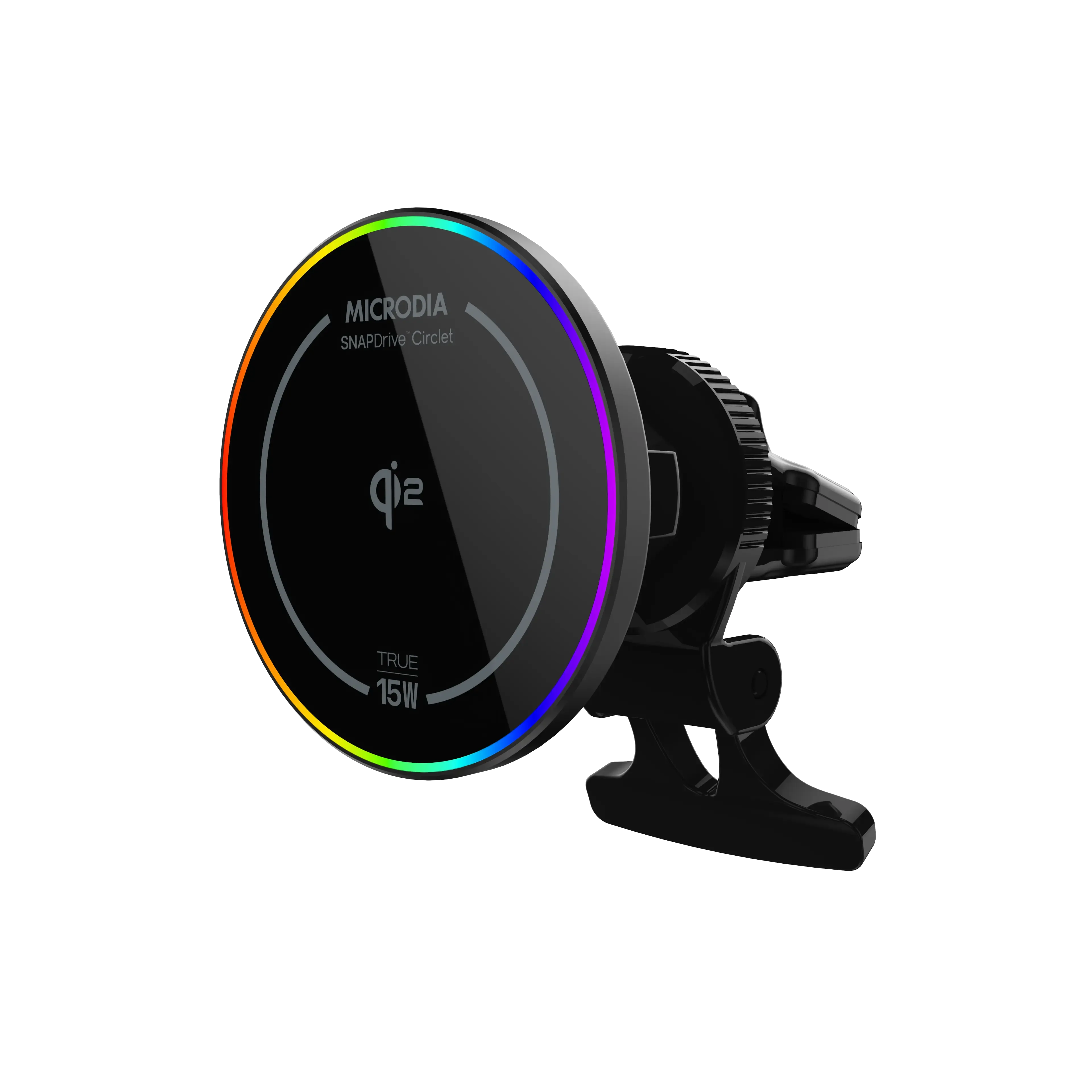 Microdia Snapdrive  Circlet Qi2 15W Magnetic Wireless Car Charger With Rgb Lighting Cable Clip