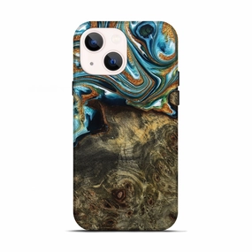 Iphone 13 Wood Live Edge Phone Case - Ayla (Teal & Gold, 777382) Anti Shock Film Anti Oil Film
