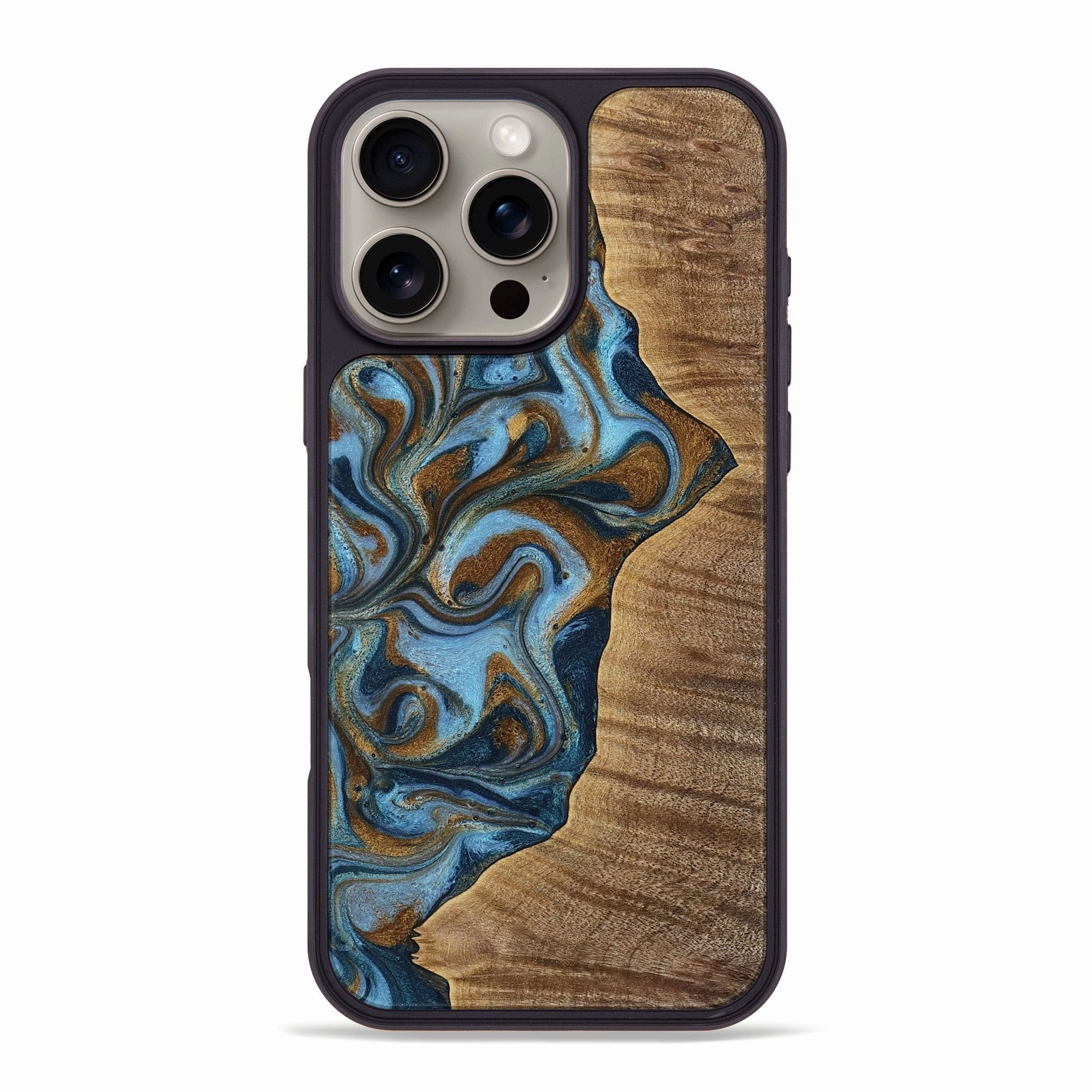 Iphone 16 Pro Max Wood Phone Case - Brenda (Teal & Gold, 771529) High Transparency