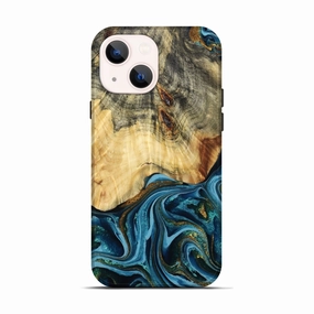 Iphone 13 Wood Live Edge Phone Case - Adelina (Teal & Gold, 781248) Protective Layer Smooth Surface