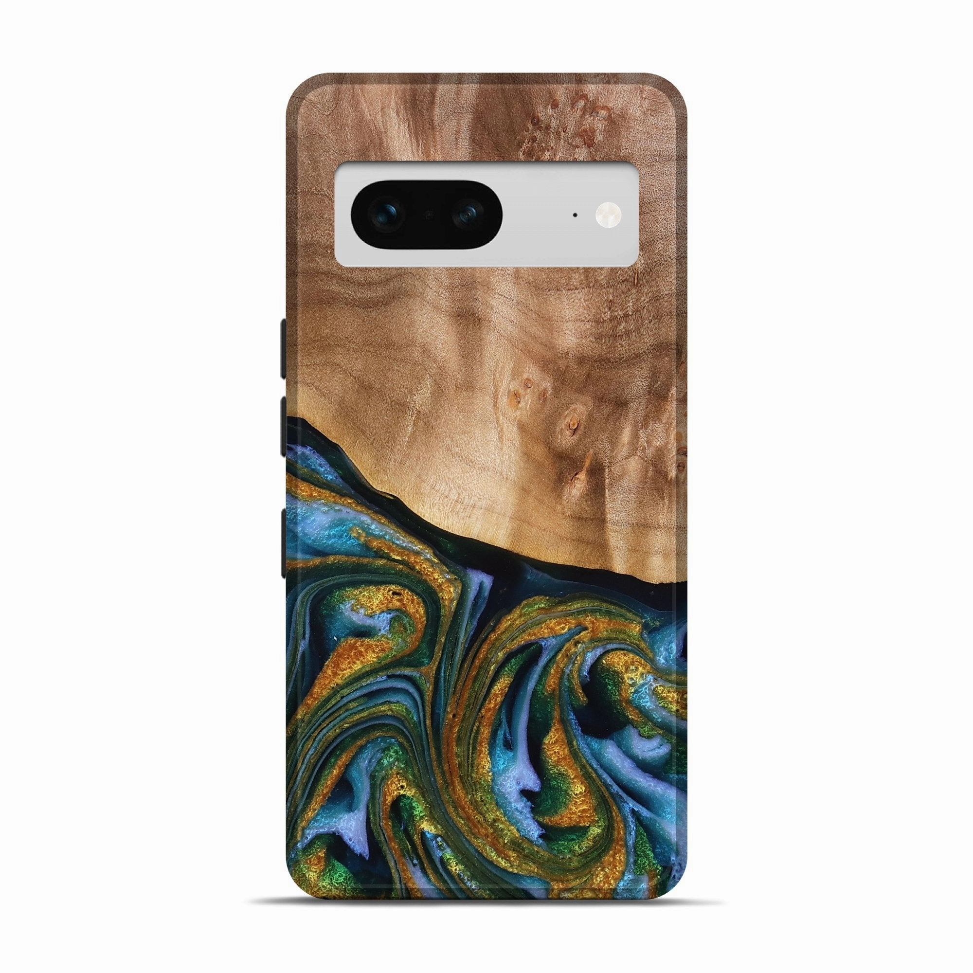 Pixel 7 Wood Live Edge Phone Case - Jamel (Teal & Gold, 776938) Tempered Glass Anti Reflection Screen