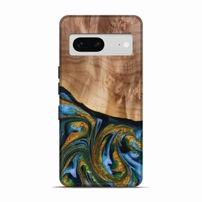 Pixel 7 Wood Live Edge Phone Case - Jamel (Teal & Gold, 776938) Tempered Glass Anti Reflection Screen
