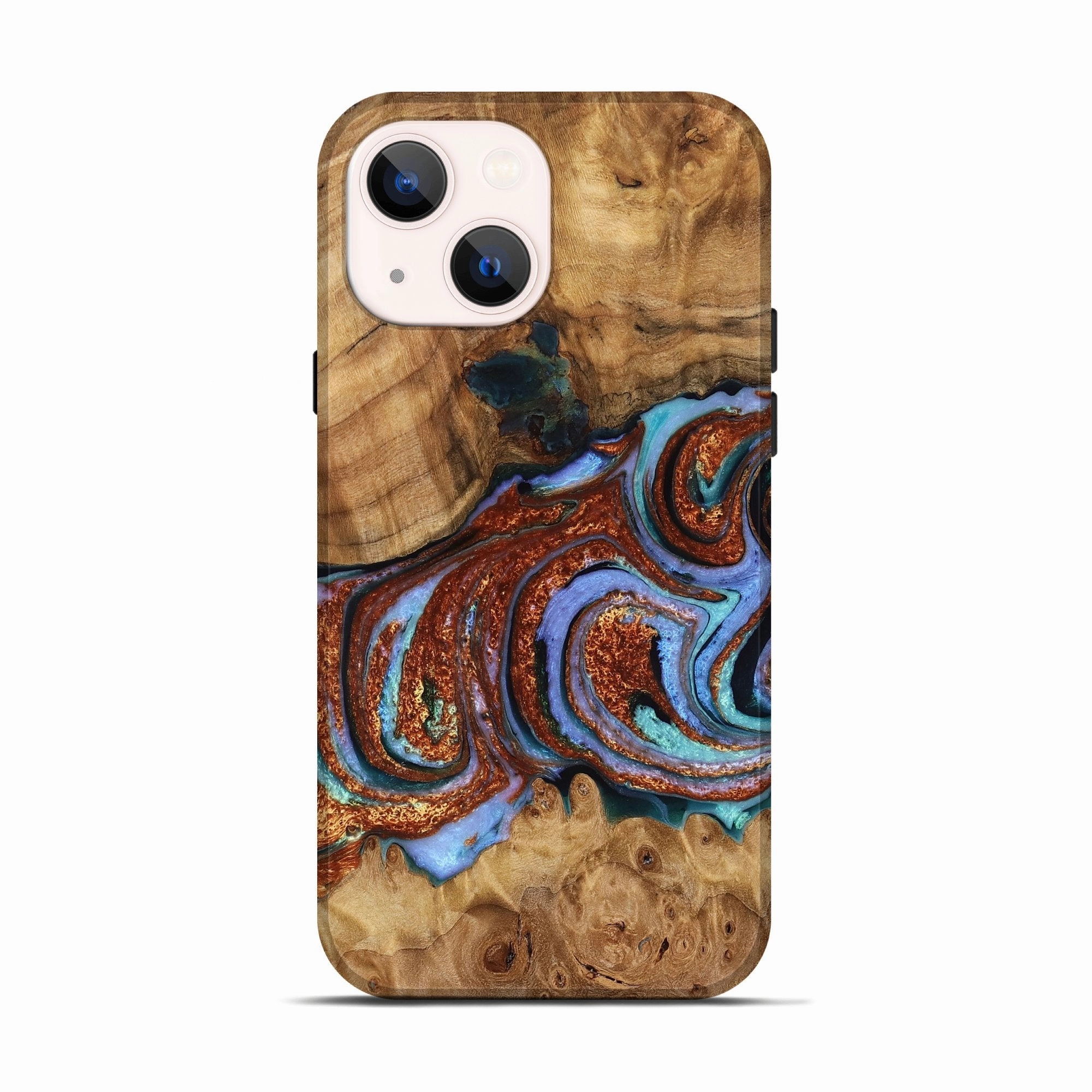 Iphone 13 Wood Live Edge Phone Case - Donnie (Teal & Gold, 776890) HD Screen Protector Fingerprint Resistant Screen