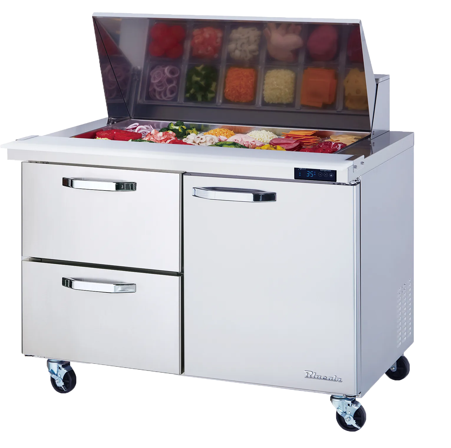 Blue Air - BLMT60-D2L-HC, 2 Drawers 1 Door (R) 60" All Stainless Prep. Table with (24) 1/6 Pans - 60" wide, 16.5 cu/ft., R-290 Refrigerant