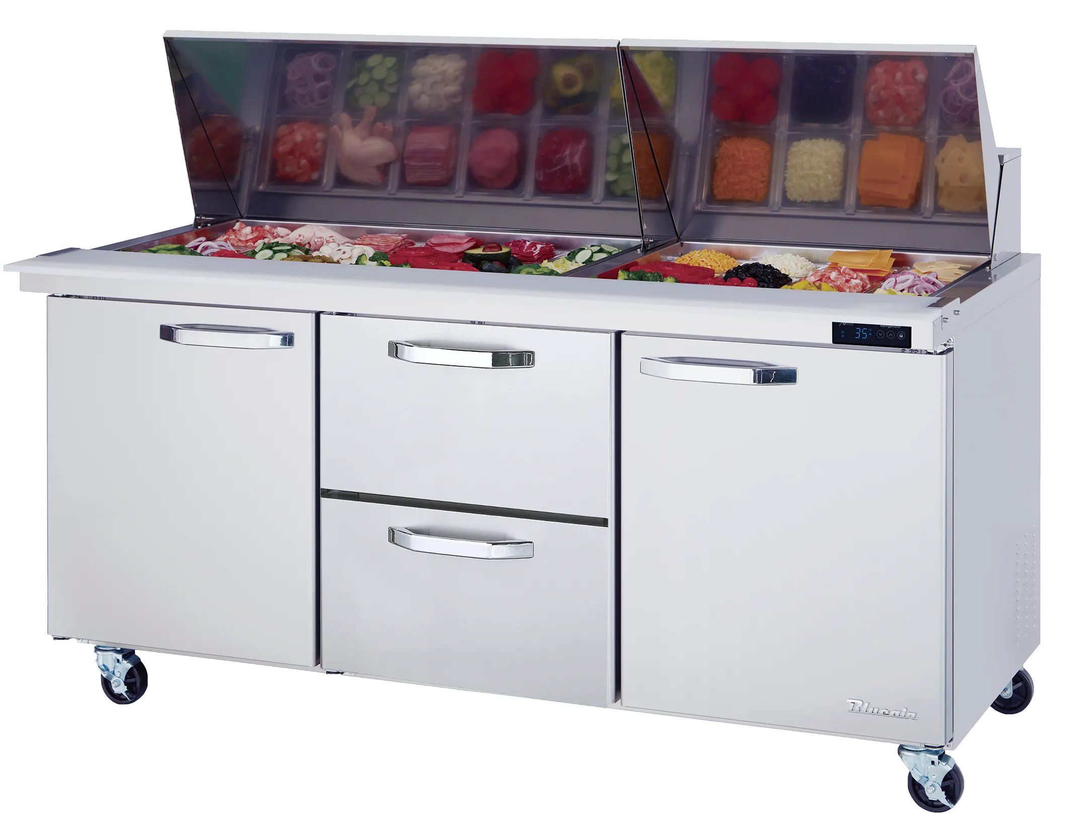 Blue Air - BLMT72-D2M-HC, 2 Drawers 2 Doors (L, R) All Stainless Prep. Table with (30) 1/6 Pans - 72" wide, 20 cu/ft., R-290 Refrigerant