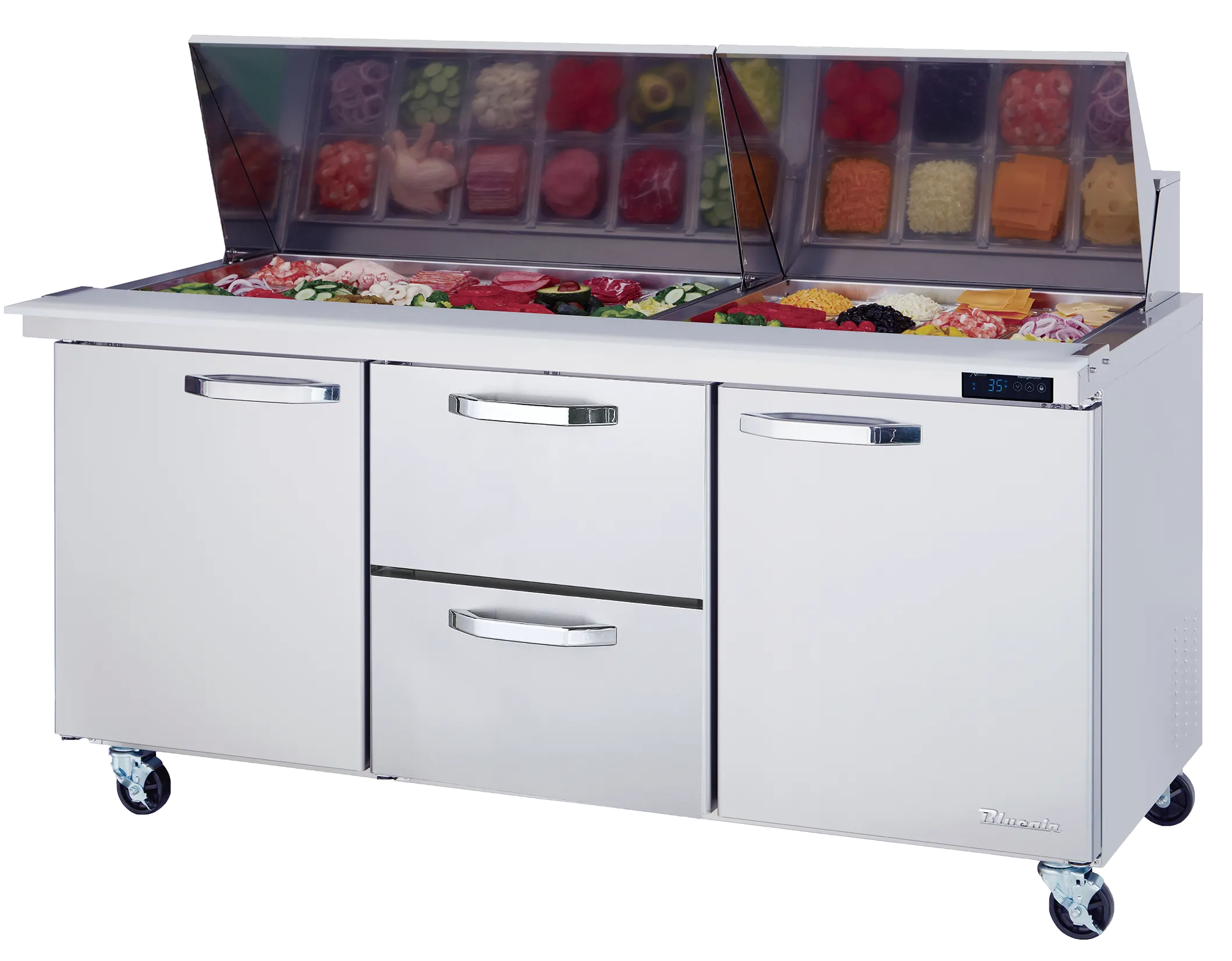 Blue Air - BLMT72-D2M-HC, 2 Drawers 2 Doors (L, R) All Stainless Prep. Table with (30) 1/6 Pans - 72" wide, 20 cu/ft., R-290 Refrigerant