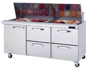 Blue Air - BLMT72-D4RM-HC, 4 Drawers 1 Door (L) All Stainless Prep. Table with (30) 1/6 Pans - 72" wide, 20 cu/ft., R-290 Refrigerant
