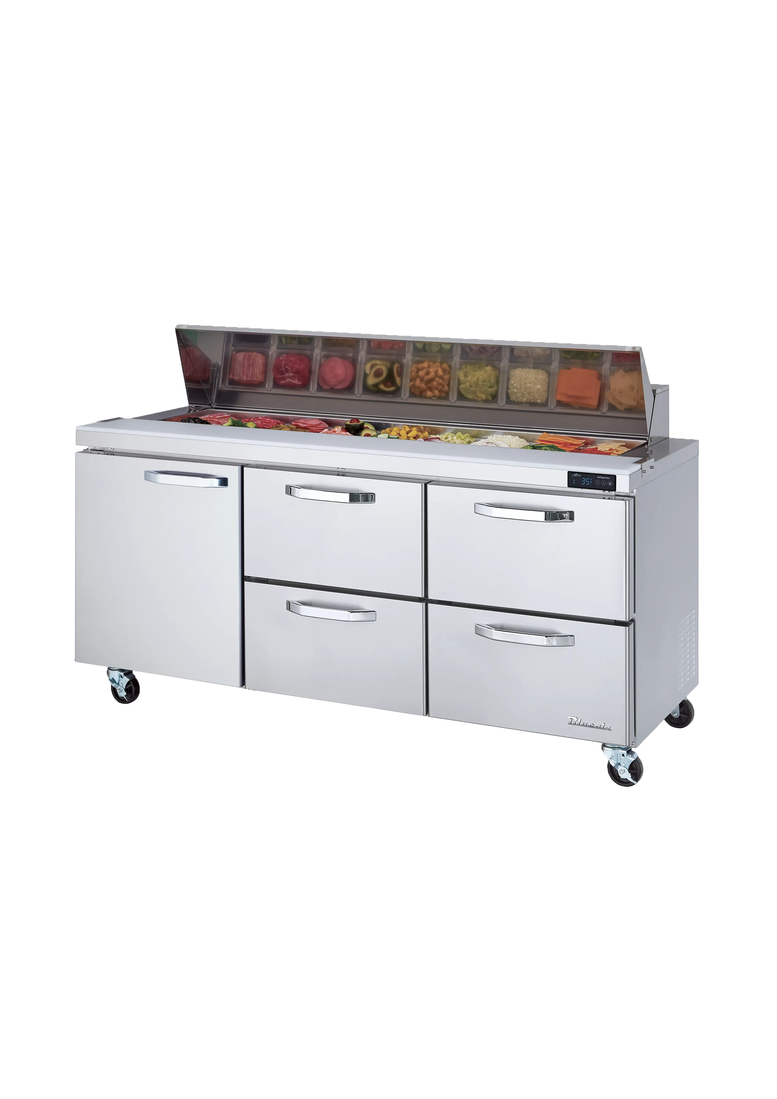 Blue Air - BLPT72-D4RM-HC, 4 Drawers 1 Door (L) All Stainless Prep. Table with (18) 1/6 Pans - 72" wide, 20 cu/ft., R-290 Refrigerant