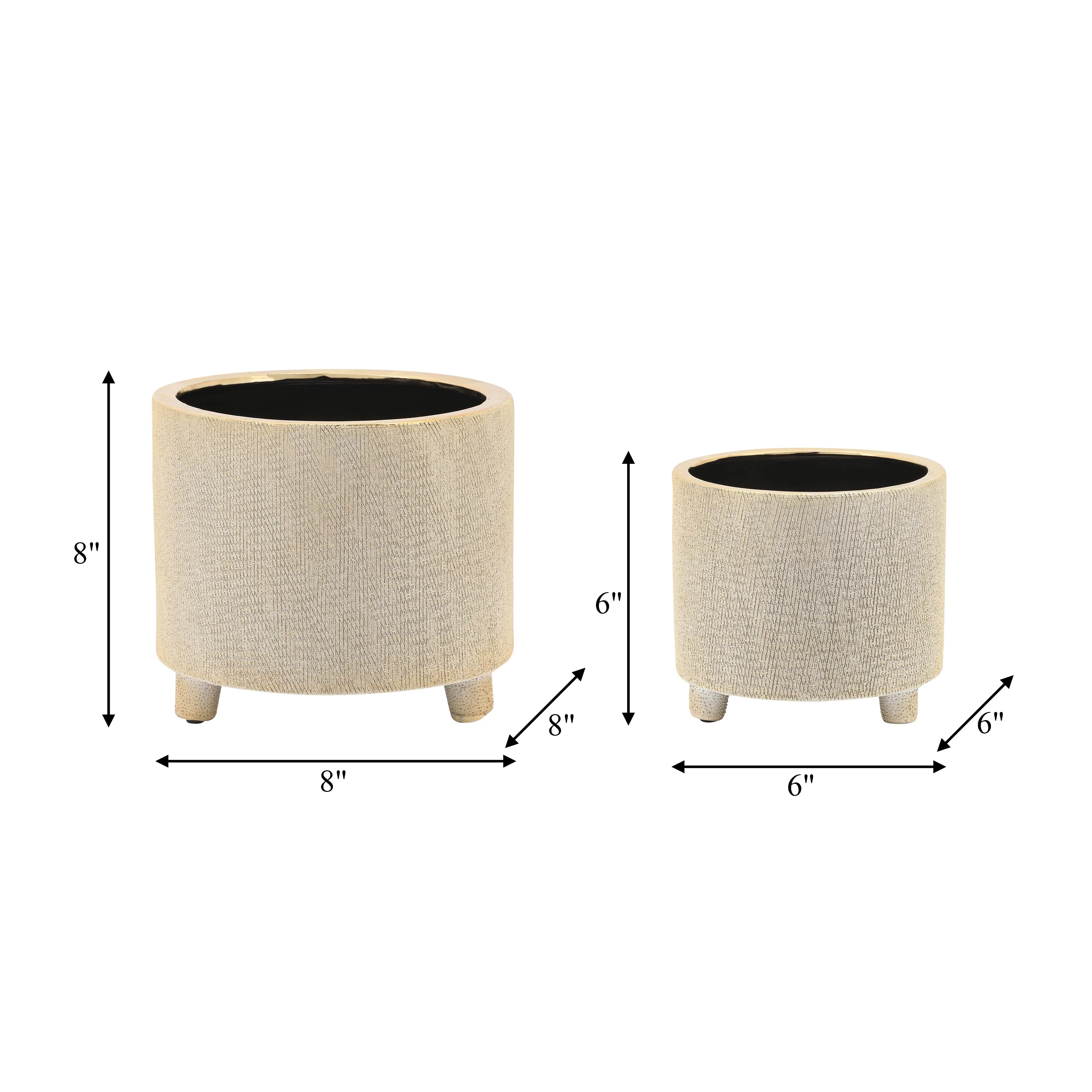 CER, S/2 6/8" FOOTED SCRATCHED PLANTERS, CHAMPAGNE