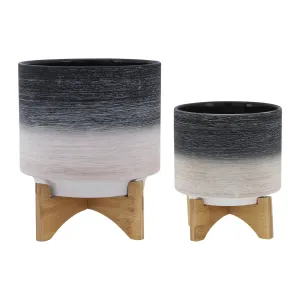CER, S/2 8/10" PLANTER ON WOODEN STAND, GRAY