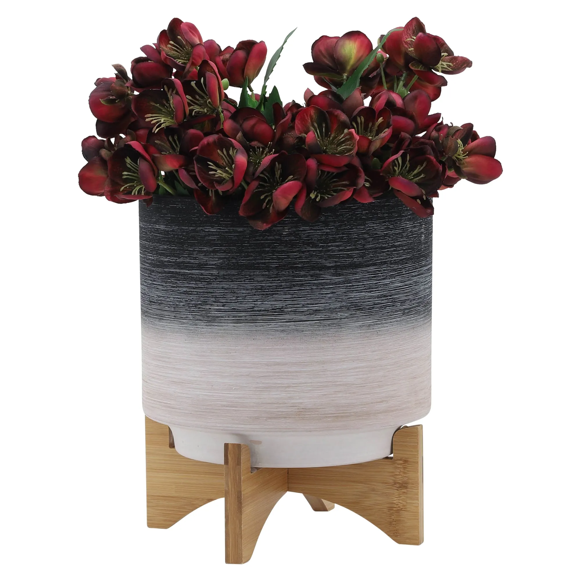 CER, S/2 8/10" PLANTER ON WOODEN STAND, GRAY