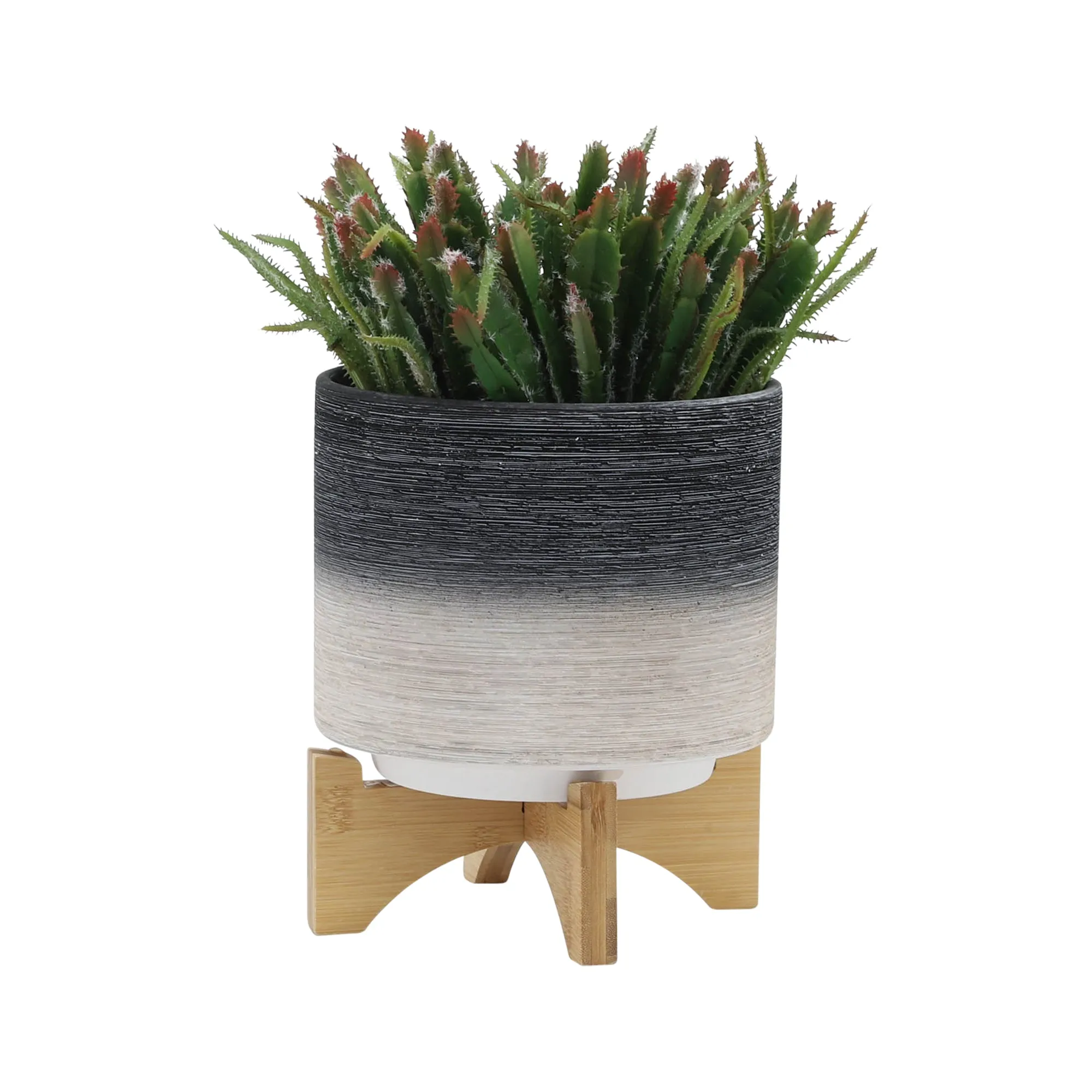 CER, S/2 8/10" PLANTER ON WOODEN STAND, GRAY