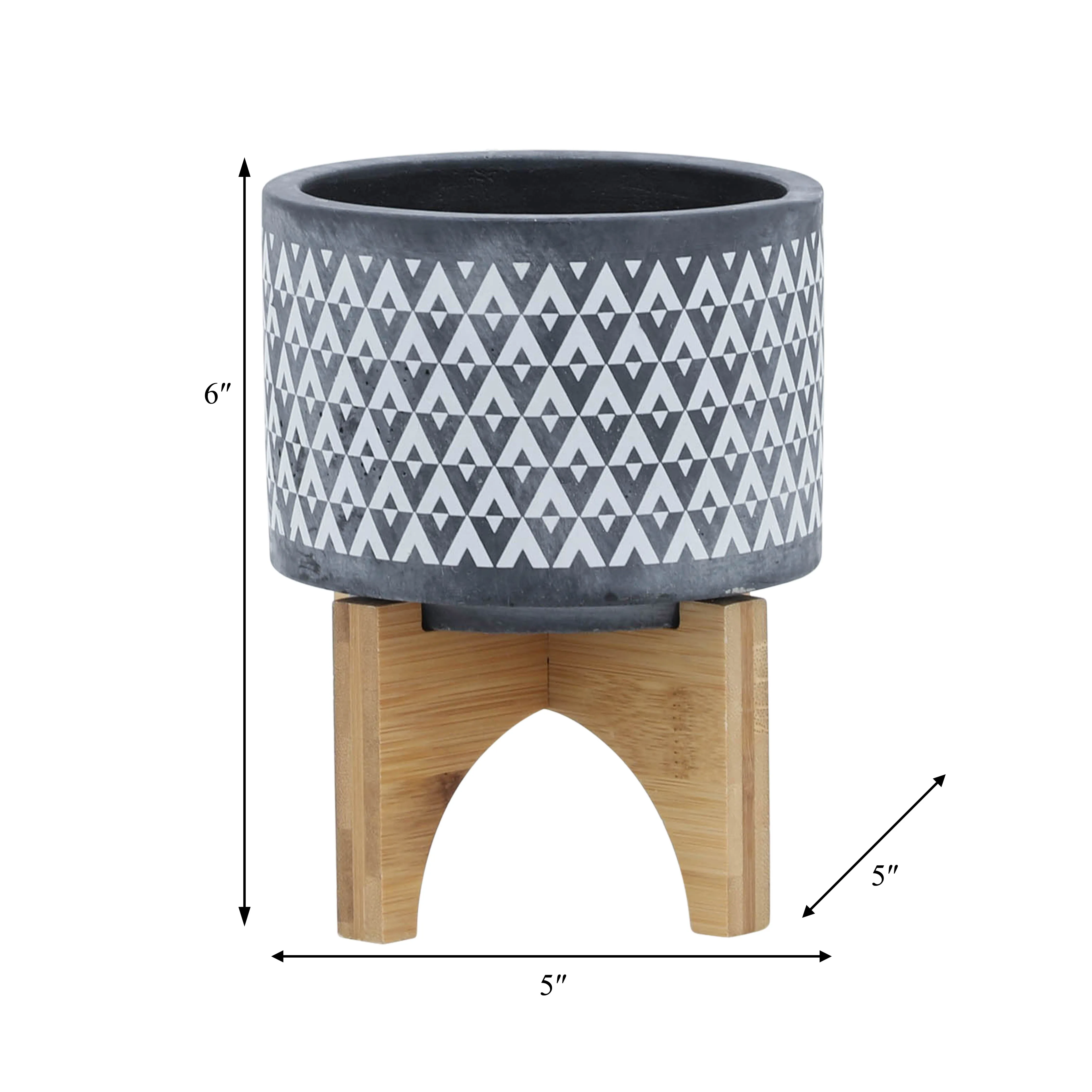 CERAMIC 5" AZTEC PLANTER ON WOODEN STAND, GRAY