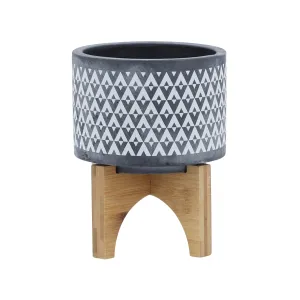 CERAMIC 5" AZTEC PLANTER ON WOODEN STAND, GRAY