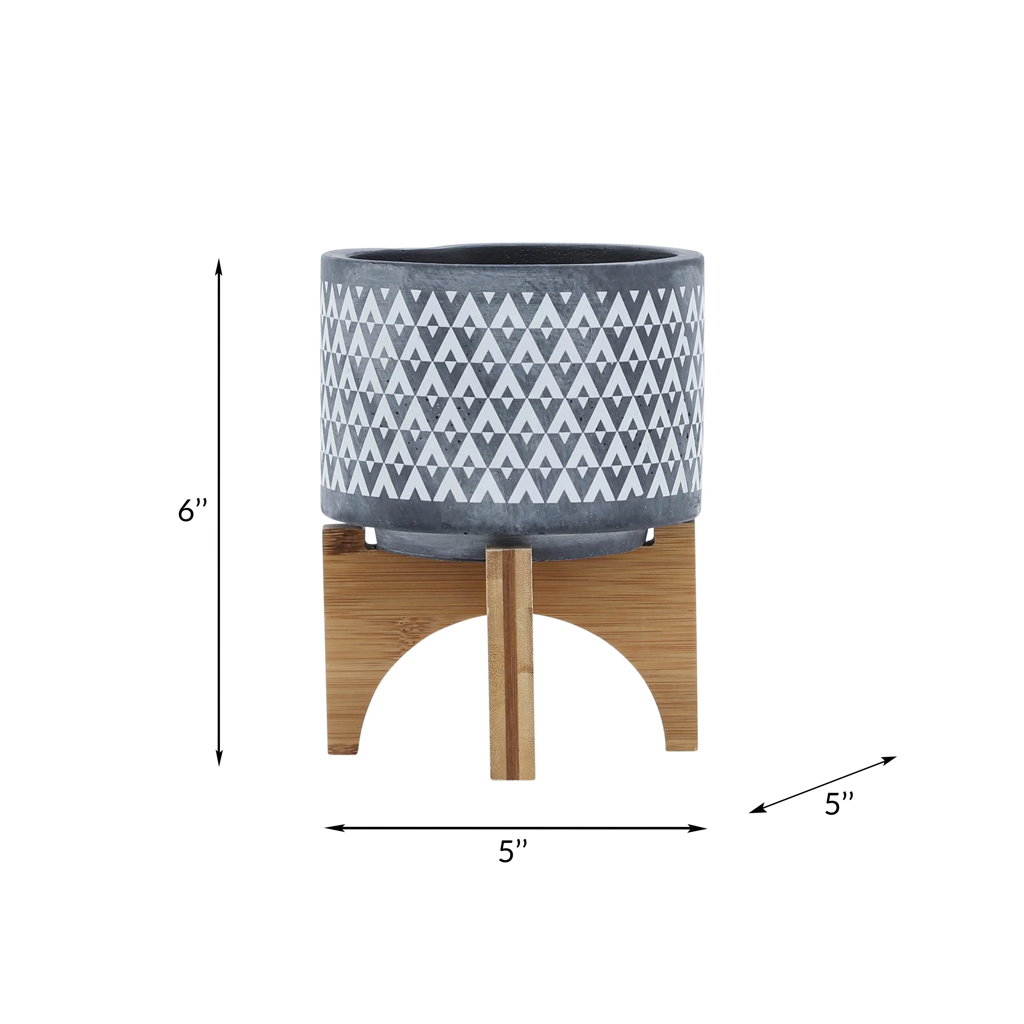 CERAMIC 5" AZTEC PLANTER ON WOODEN STAND, GRAY