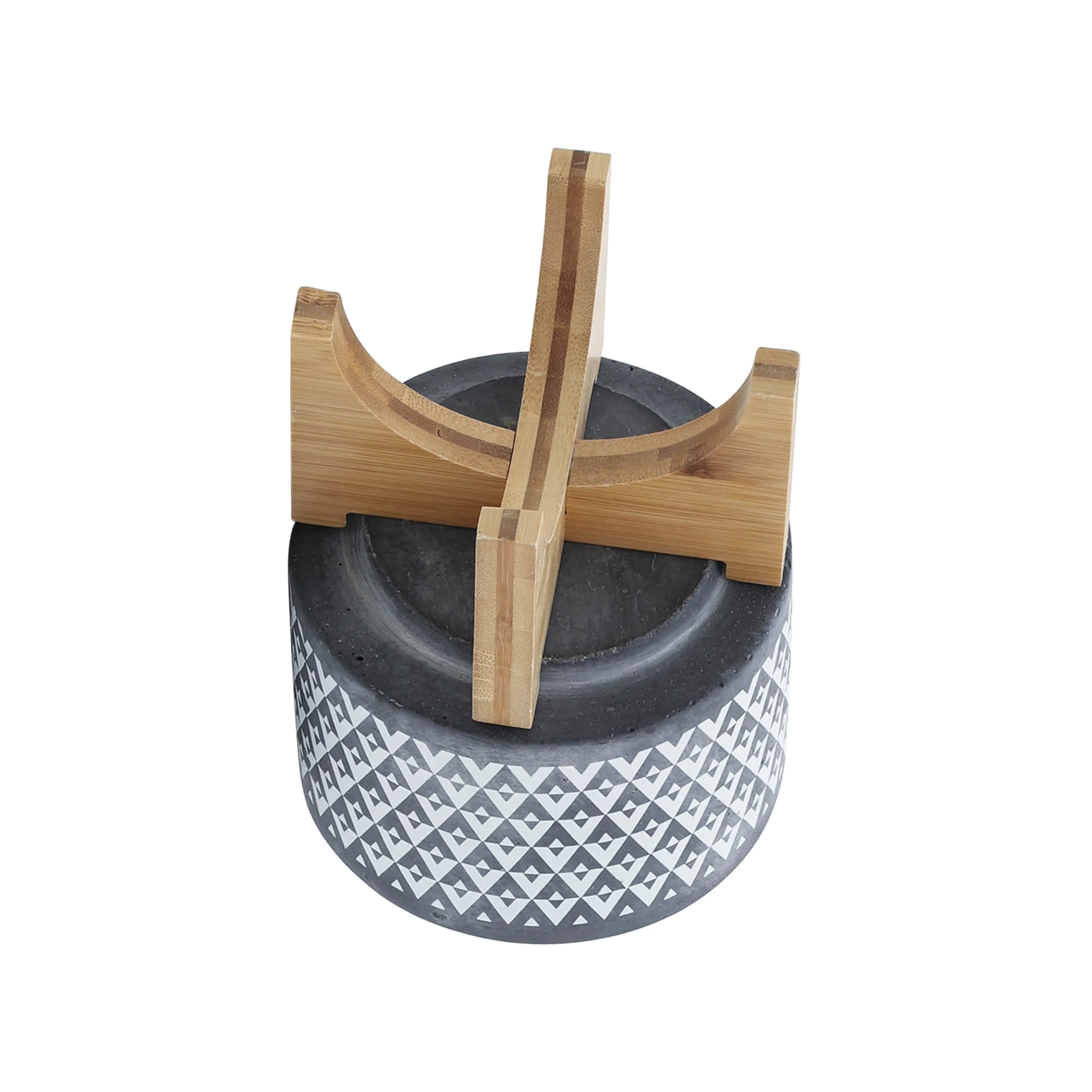 CERAMIC 5" AZTEC PLANTER ON WOODEN STAND, GRAY