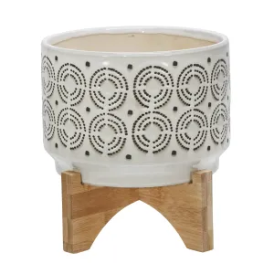 CERAMIC 7" SWIRL PLANTER ON STAND, IVORY
