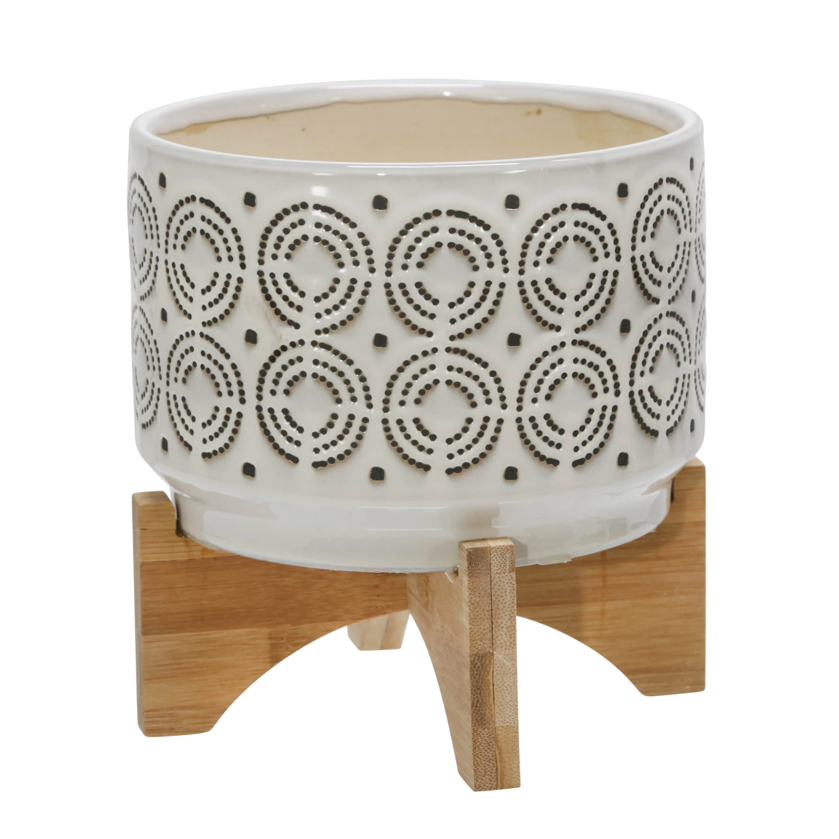 CERAMIC 7" SWIRL PLANTER ON STAND, IVORY