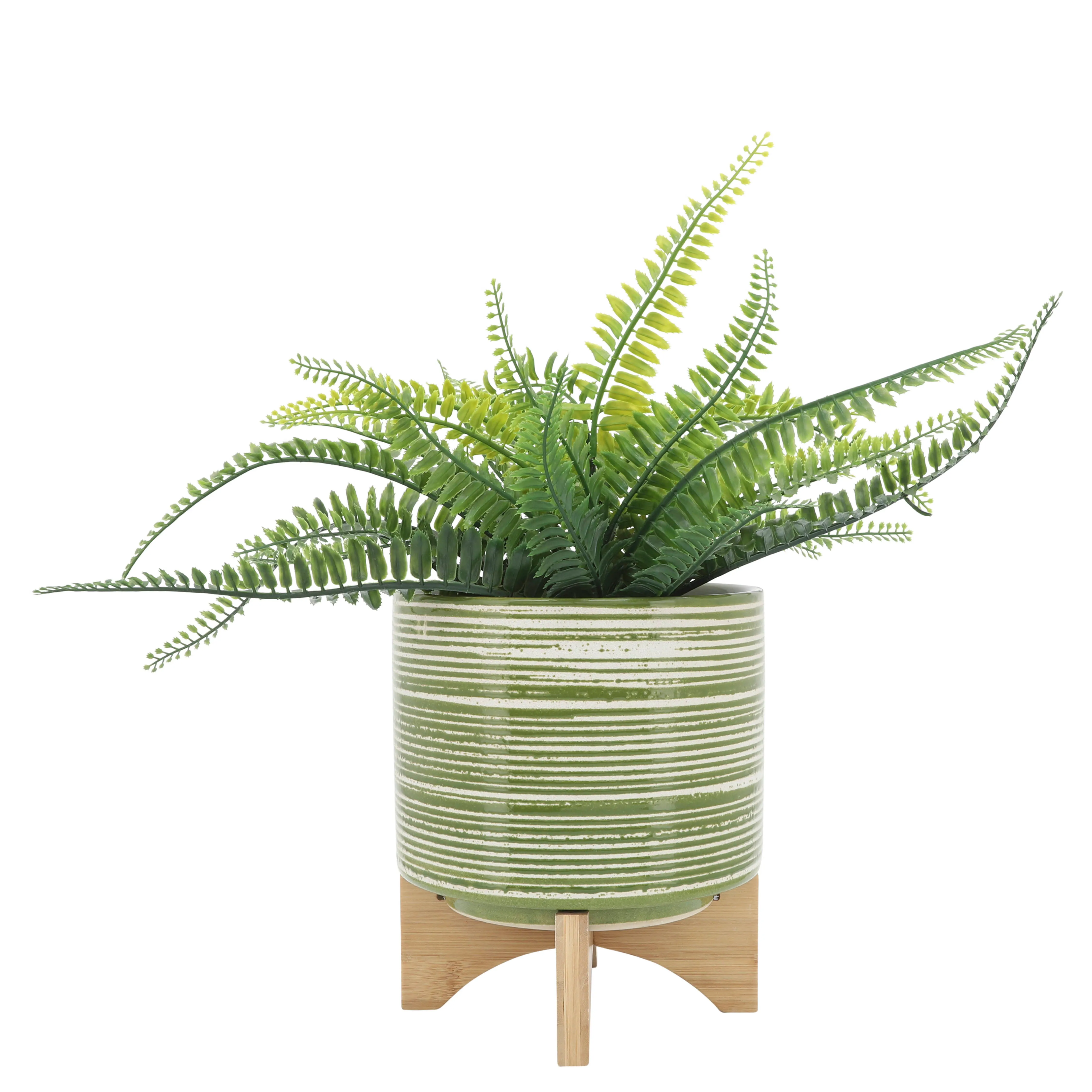 CERAMIC 8"  PLANTER ON WOODEN STAND, OLIVE
