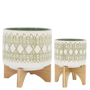 CERAMIC S/2 5/8" AZTEC PLANTER ON WOODEN STAND, OL