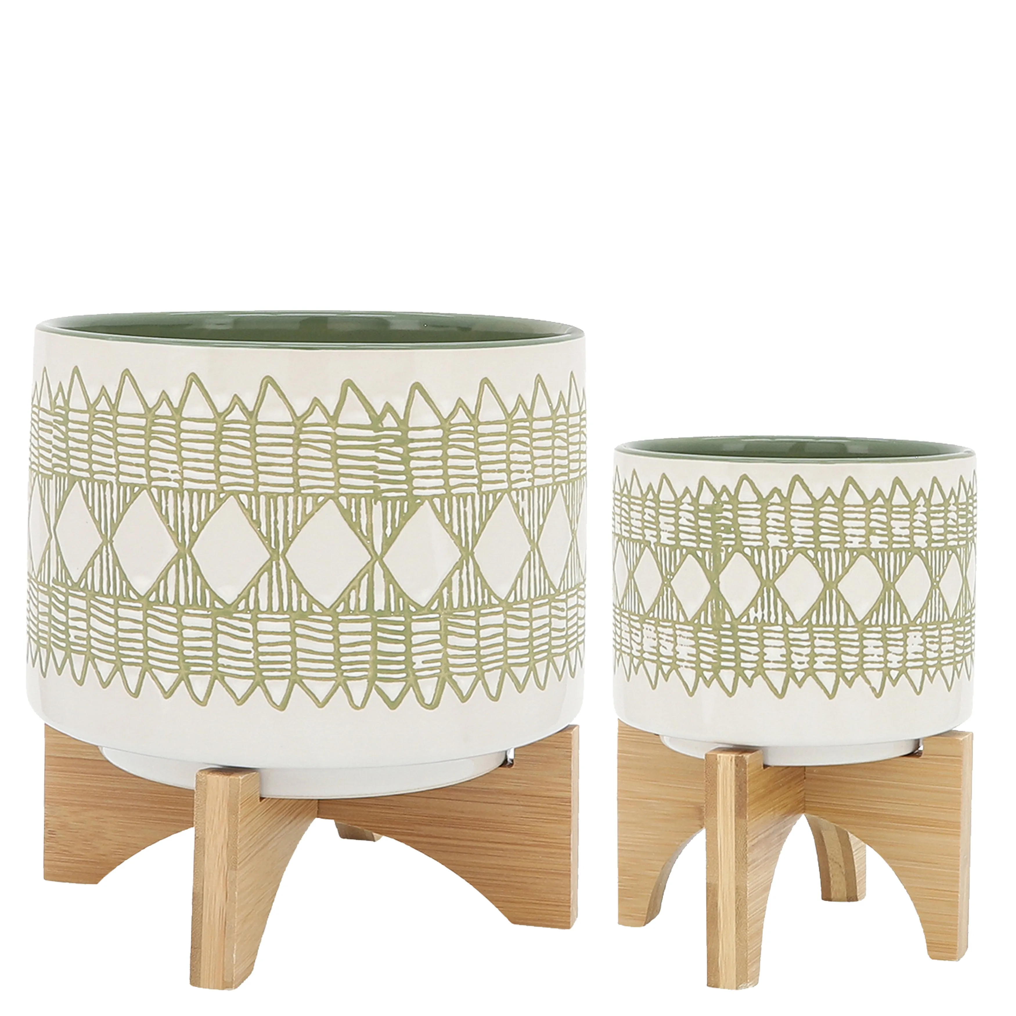 CERAMIC S/2 5/8" AZTEC PLANTER ON WOODEN STAND, OL