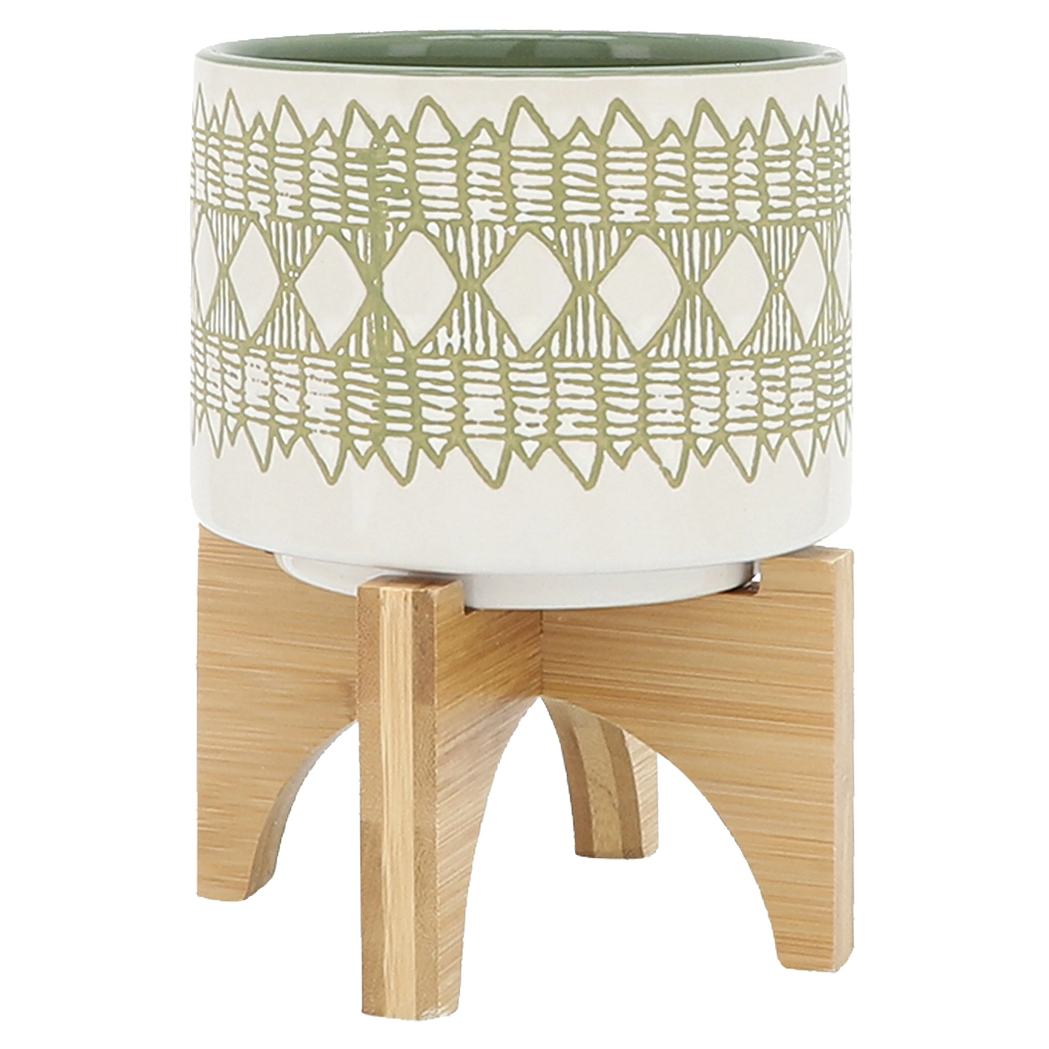 CERAMIC S/2 5/8" AZTEC PLANTER ON WOODEN STAND, OL