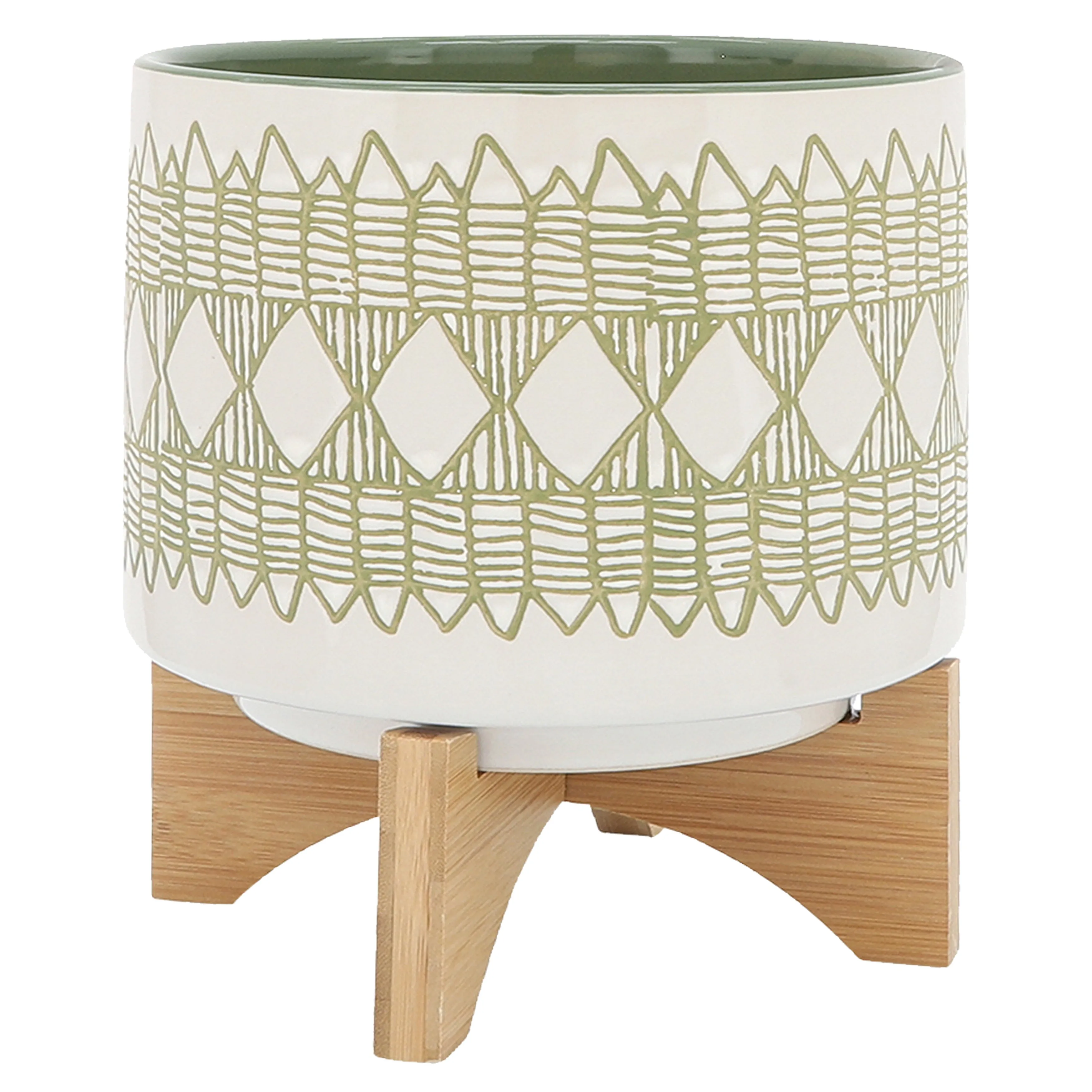 CERAMIC S/2 5/8" AZTEC PLANTER ON WOODEN STAND, OL