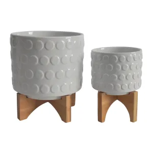 CERAMIC S/2 5/8" PLANTER ON WOODEN STAND, WHITE