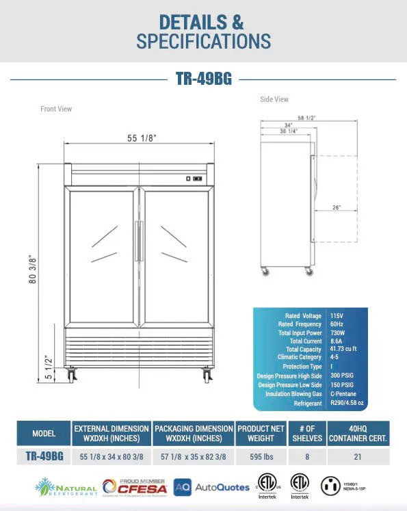 Chef AAA - TR-49BG 55" 2 Glass Door Reach-in Refrigerator 41.7 Cu. ft.