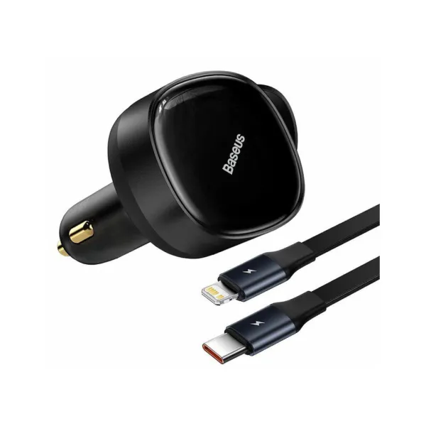 Baseus Car Charger Enjoyment Retractable Dual Output Type-C & Lightning 30W Black Cgtx000001 Smart Charging USB Hub Charger