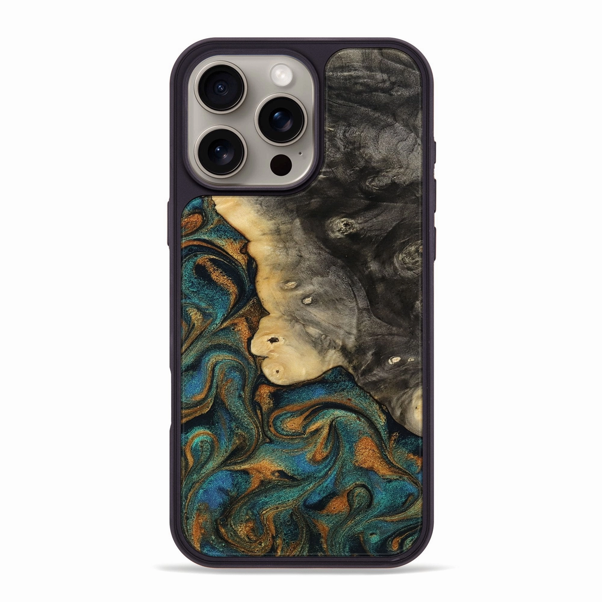 Iphone 16 Pro Max Wood Phone Case - Xyla (Teal & Gold, 772381) Edge Protection HD Clarity
