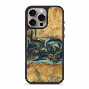 Iphone 16 Pro Max Wood Phone Case - Zora (Teal & Gold, 771611) Shatterproof Glass