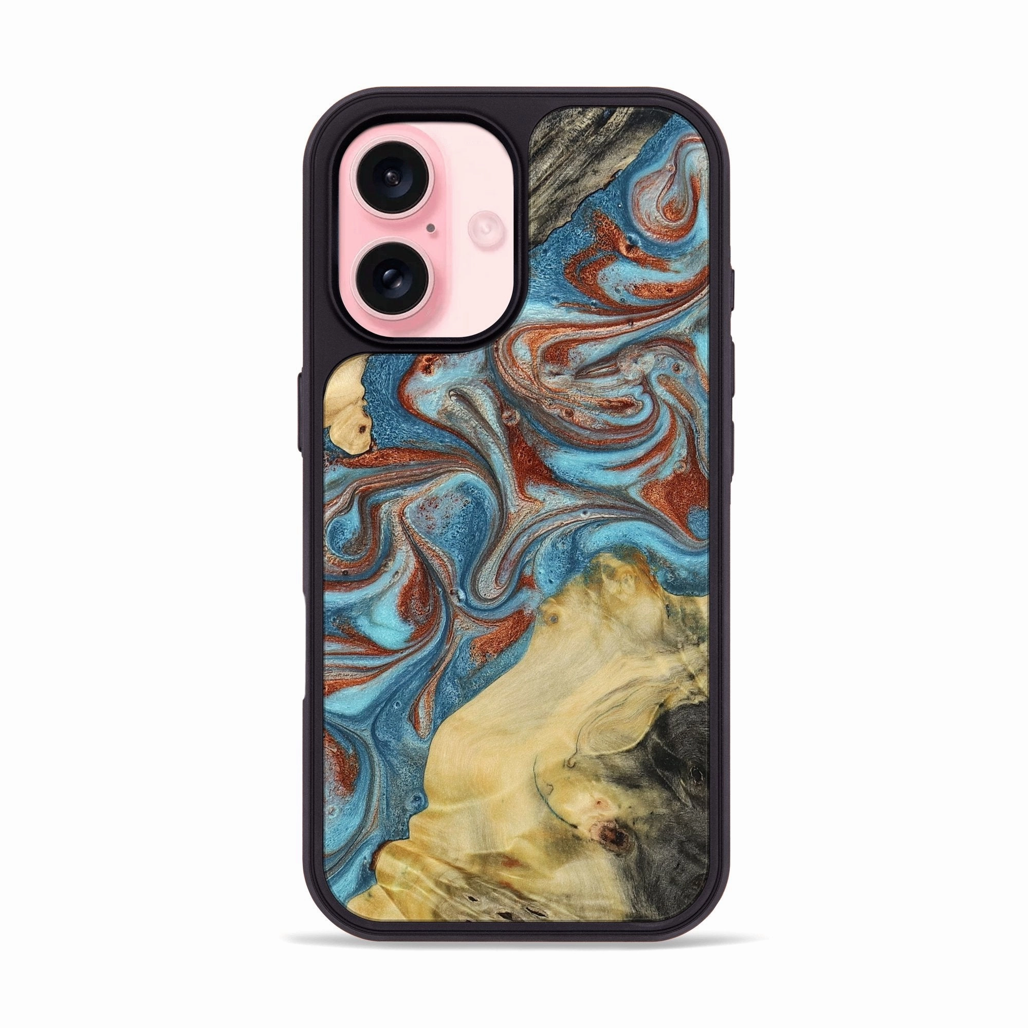 Anti Blue Light Crystal Clear Screen Iphone 16 Wood Phone Case - Finis (Teal & Gold, 772530)