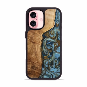 Easy Apply Anti Shock Screen Iphone 16 Wood Phone Case - Jarred (Teal & Gold, 775871)