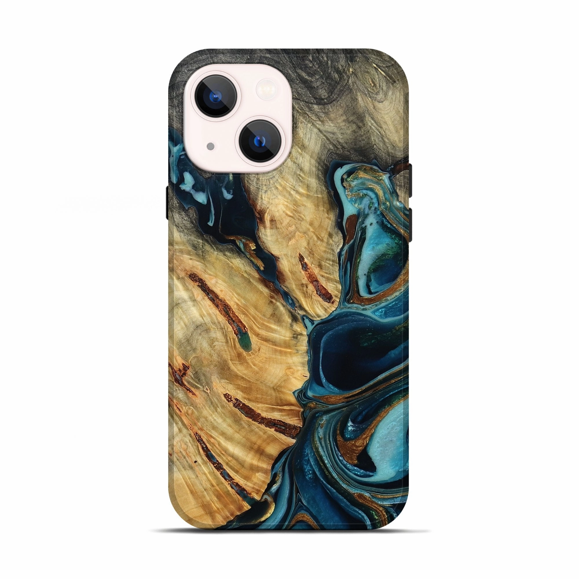 Anti Yellowing Screen Iphone 13 Wood Live Edge Phone Case - Shemar (Teal & Gold, 780327)