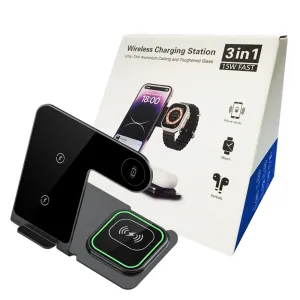 3 In 1 Wireless Charging Station (Black) 15W Aluminum Alloy Multi Function Adapter Charging Efficiency