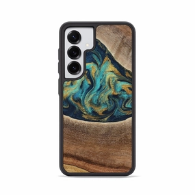 Shatterproof Glass Anti Fingerprint Screen Galaxy S25 Wood Phone Case - Gaylord (Teal & Gold, 781337)
