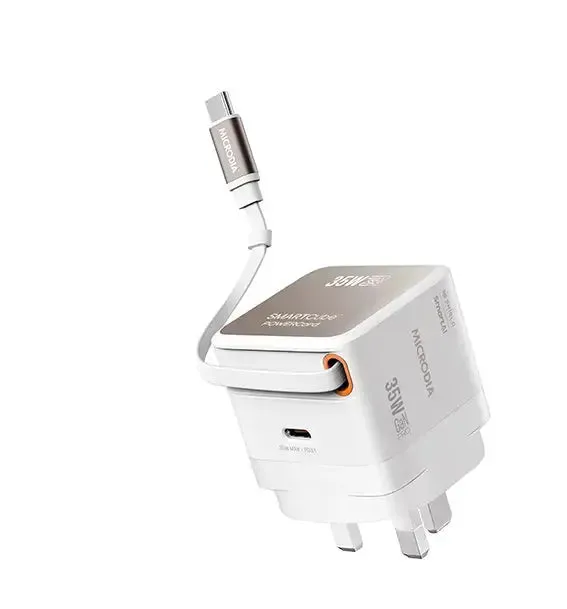 Multi Port Charger Microdia Smartcube Powercord 35W, Gan Pro Wall Charger With Built-In Usb-C Cable And Usb-C Charging Output