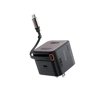 Reinforced Connector Smart Power Adapter Microdia Smartcube Powercord 35W, Gan Pro Wall Charger With Built-In Usb-C Cable And Usb-C Charging Output