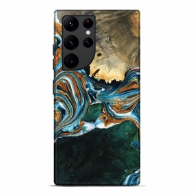 Anti Fingerprint Film Galaxy S22 Ultra Wood Live Edge Phone Case - Nikolai (Teal & Gold, 777399)