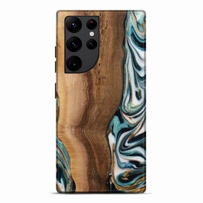 Galaxy S22 Ultra Wood Live Edge Phone Case - Akeelah (Teal & Gold, 779004) Crystal Clear