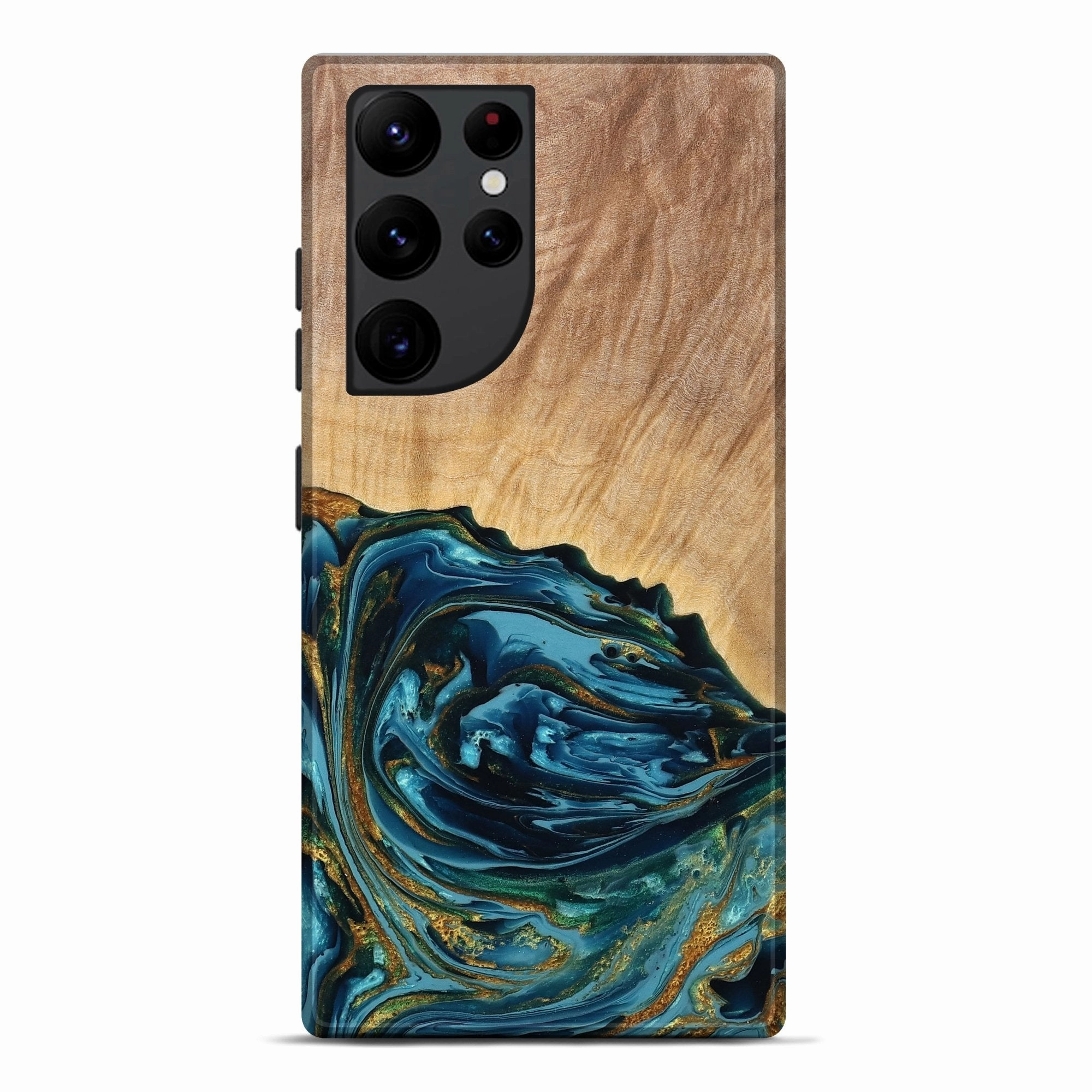 Case Friendly Anti Reflection Coating Galaxy S22 Ultra Wood Live Edge Phone Case - Albert (Teal & Gold, 778990)