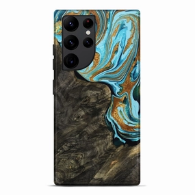 Galaxy S22 Ultra Wood Live Edge Phone Case - Almon (Teal & Gold, 769608) Shock Absorbing HD Clarity