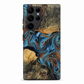 Fingerprint Resistant Screen Fingerprint Resistant Galaxy S22 Ultra Wood Live Edge Phone Case - Amara (Teal & Gold, 781034)