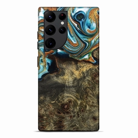 Anti Yellowing Galaxy S22 Ultra Wood Live Edge Phone Case - Ayla (Teal & Gold, 777382)