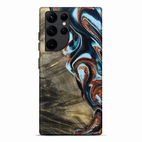 Galaxy S22 Ultra Wood Live Edge Phone Case - Deanna (Teal & Gold, 765311) Anti Blue Light Anti Spy